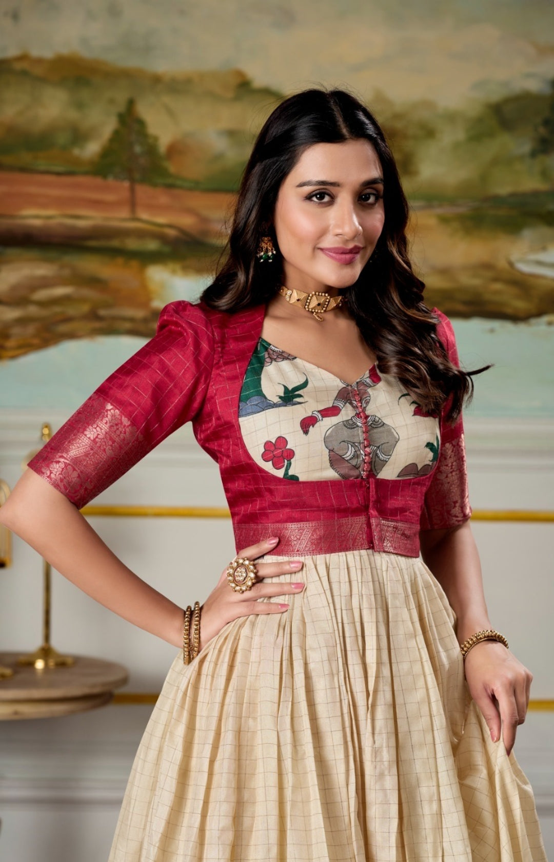 Women Cream And Maroon Dola Silk Kalamkari Print With Zari Weaving Broder Floor-Length Gown