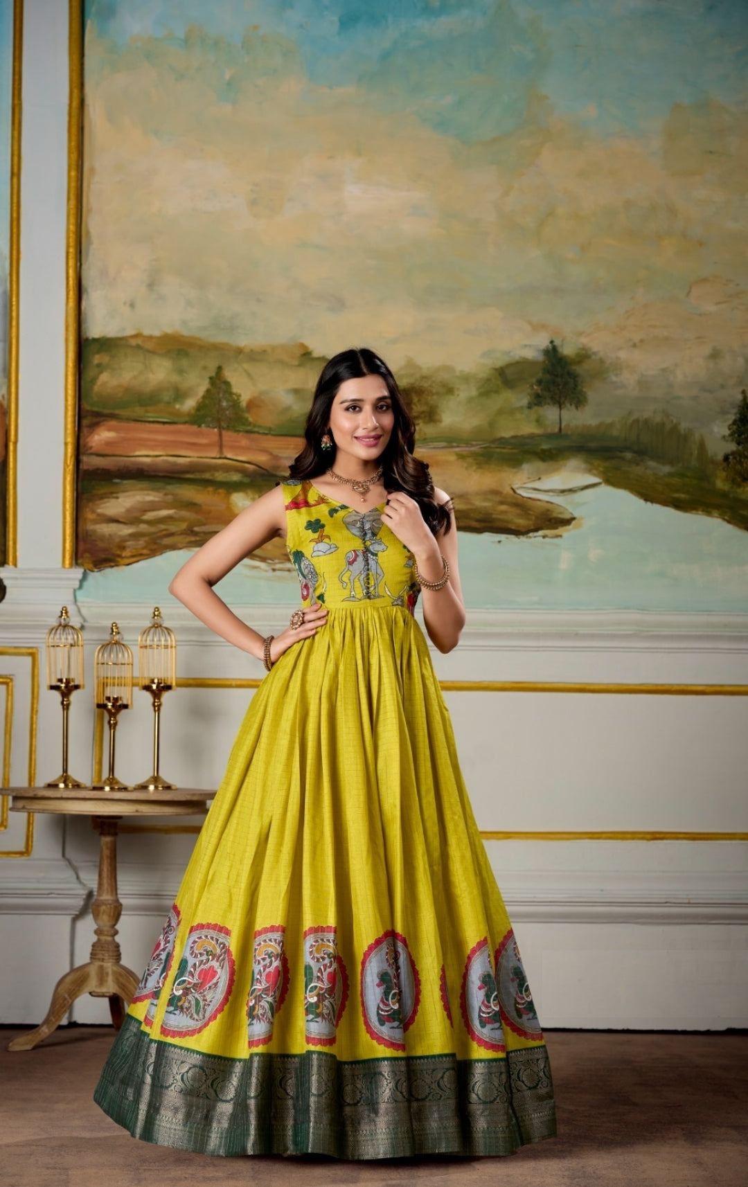 Women Yellow And Green Dola Silk Kalamkari Print With Zari Weaving Broder Floor-Length Gown