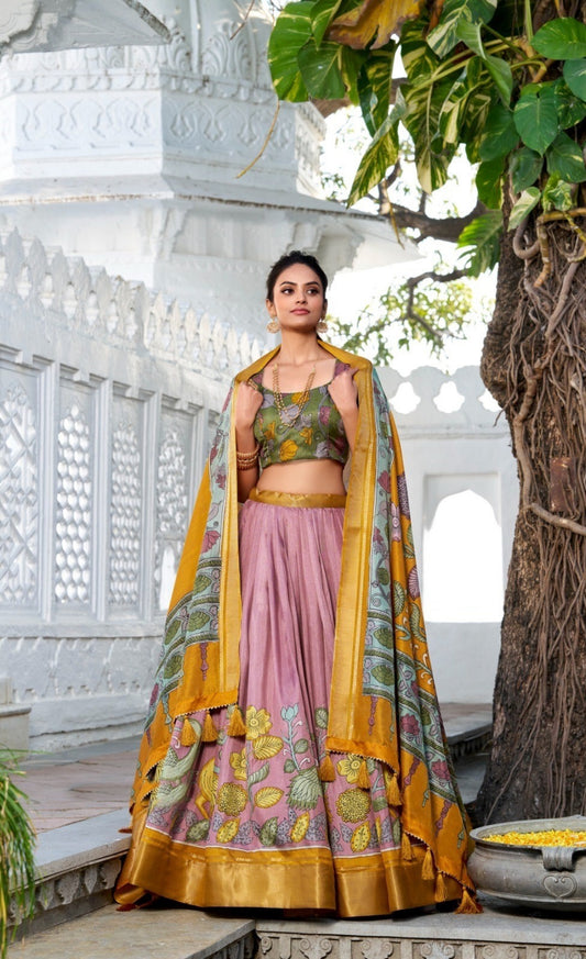 Chic Mauve And Rust Dola Silk Jacquard Floral Print Lehenga