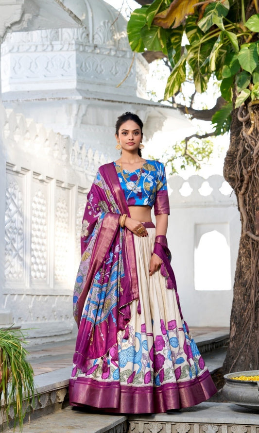 Elegant Off White And Purple Dola Silk Jacquard Floral Print Lehenga