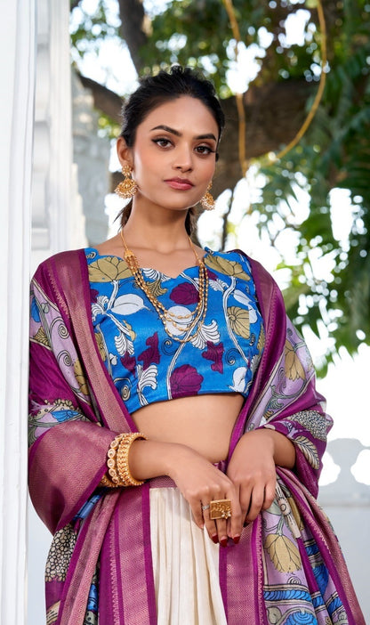 Elegant Off White And Purple Dola Silk Jacquard Floral Print Lehenga