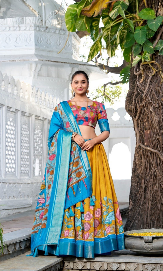 Sophisticated Mustard And Blue Dola Silk Jacquard Floral Print Lehenga