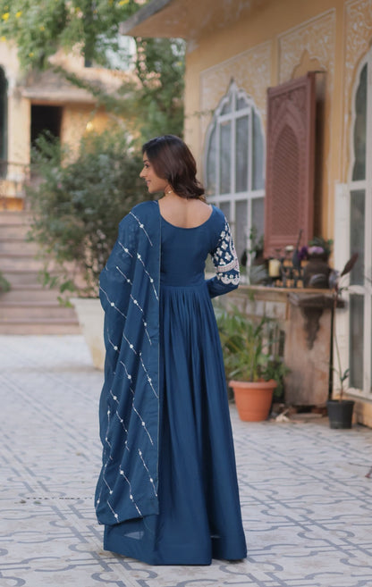 Women Dark Teal Georgette With Embroidery Sequins Work Gown With Dupatta