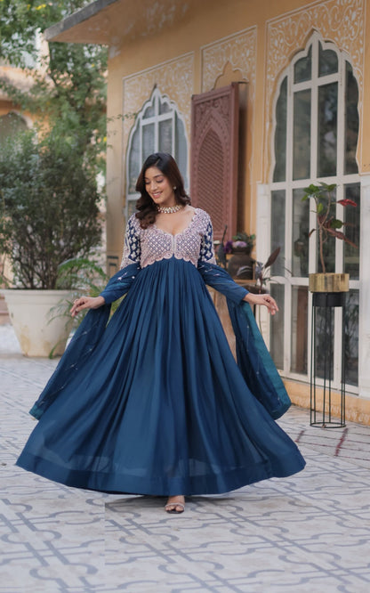 Women Dark Teal Georgette With Embroidery Sequins Work Gown With Dupatta