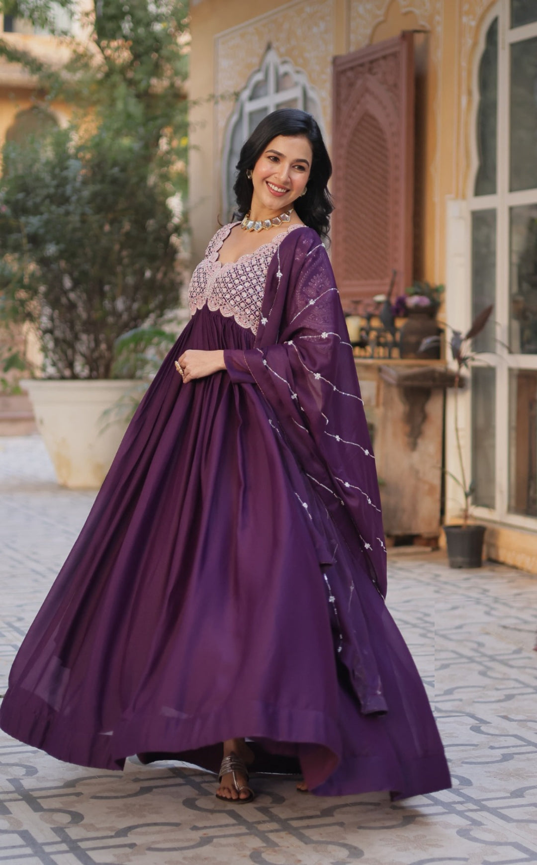 Women Dark Purple Georgette With Embroidery Sequins Work Gown With Dupatta