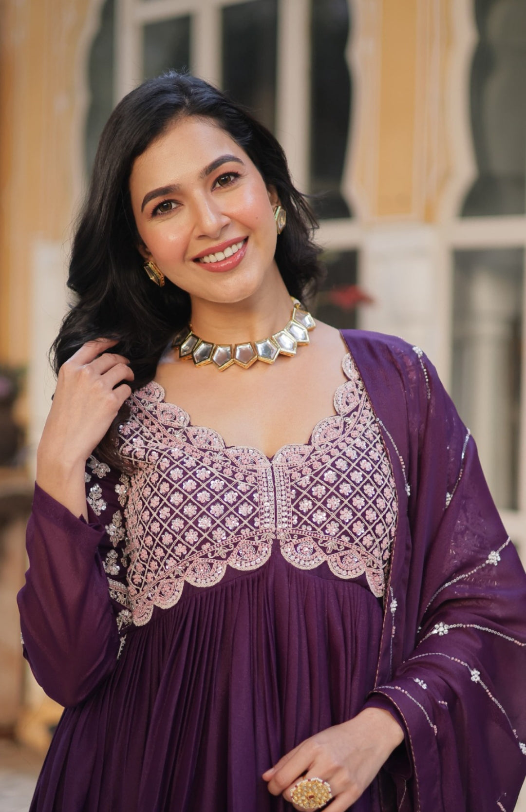 Women Dark Purple Georgette With Embroidery Sequins Work Gown With Dupatta