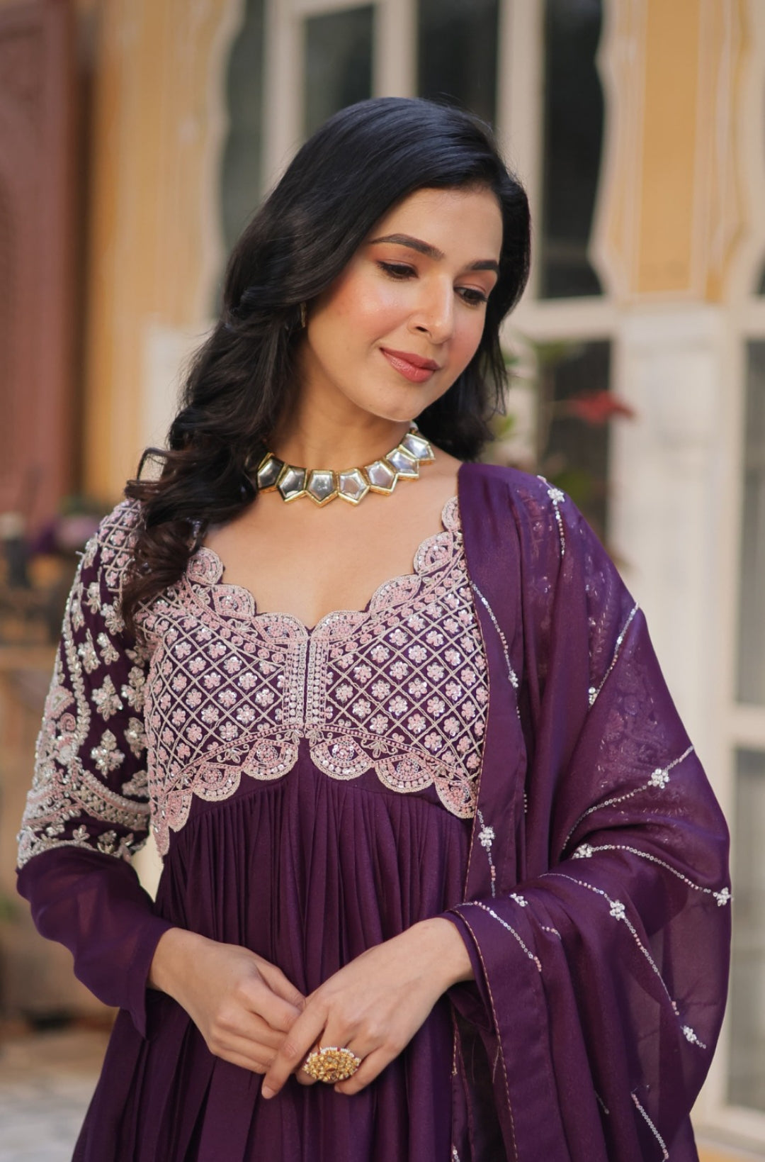 Women Dark Purple Georgette With Embroidery Sequins Work Gown With Dupatta
