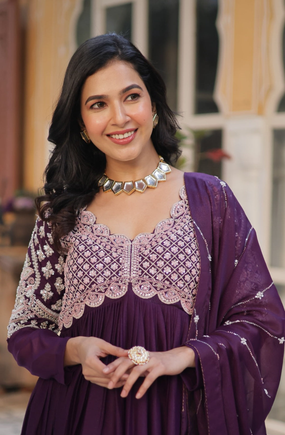 Women Dark Purple Georgette With Embroidery Sequins Work Gown With Dupatta