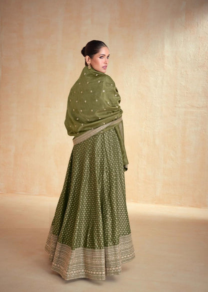 Vibrant Mehendi Green Organza Jacquard Silk Gown With Dupatta