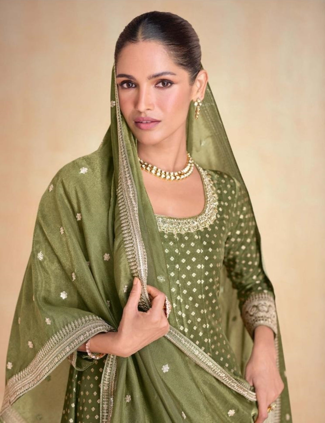 Vibrant Mehendi Green Organza Jacquard Silk Gown With Dupatta