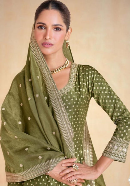 Vibrant Mehendi Green Organza Jacquard Silk Gown With Dupatta