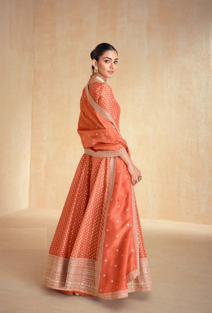 Contemporary Rust Organza Jacquard Silk Gown With Dupatta