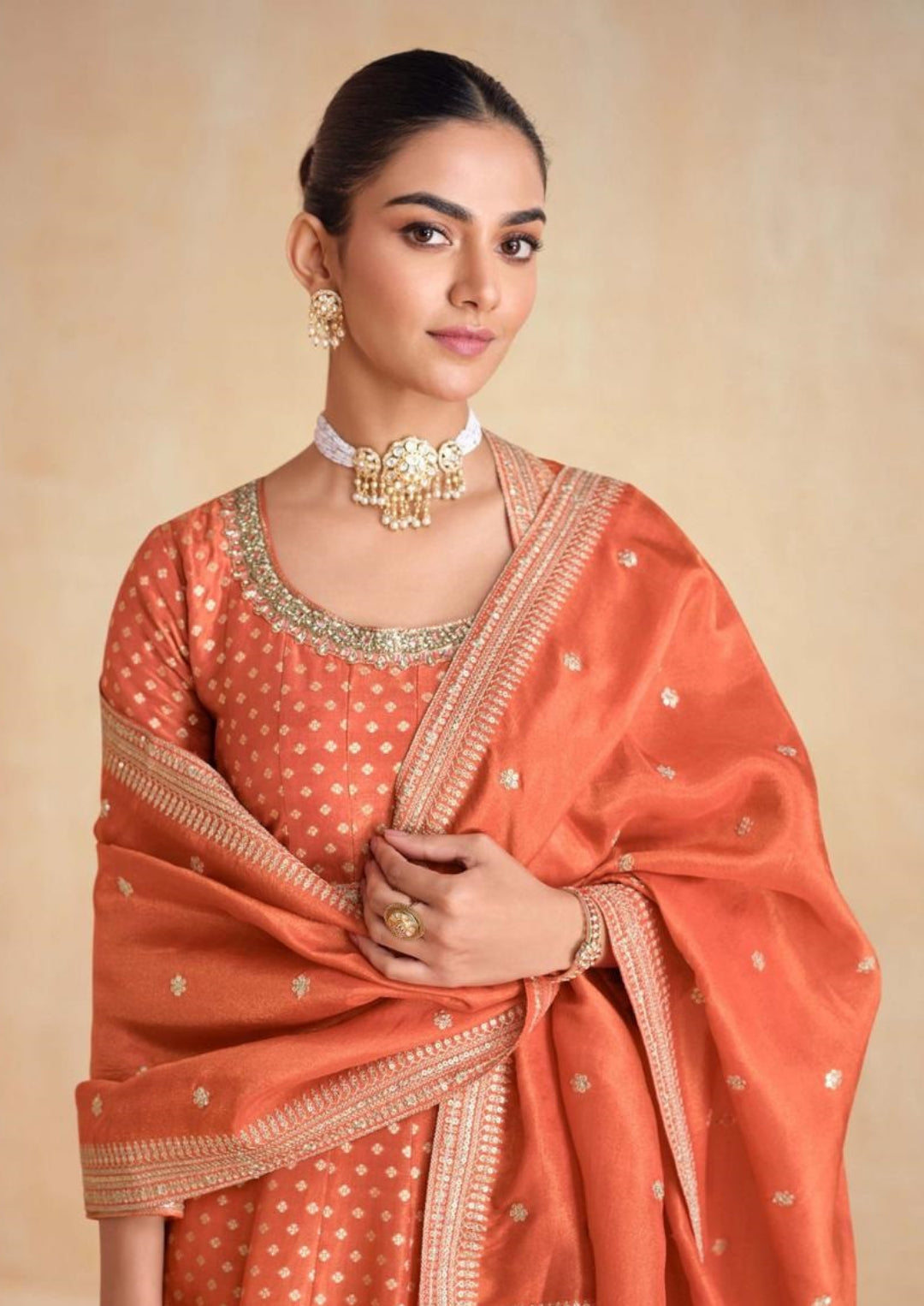 Contemporary Rust Organza Jacquard Silk Gown With Dupatta