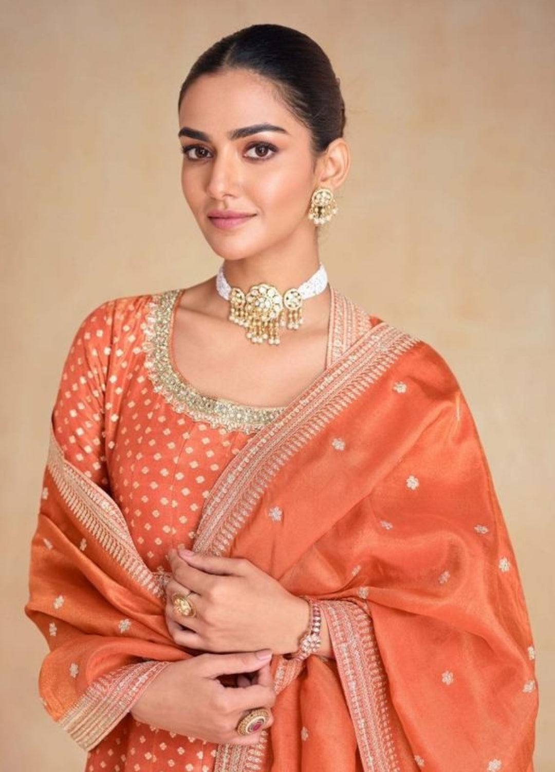 Contemporary Rust Organza Jacquard Silk Gown With Dupatta