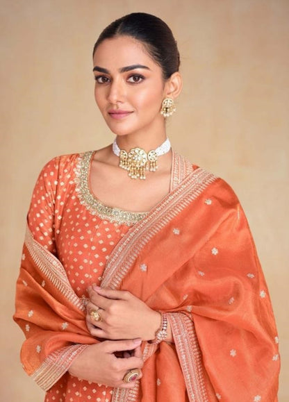 Contemporary Rust Organza Jacquard Silk Gown With Dupatta