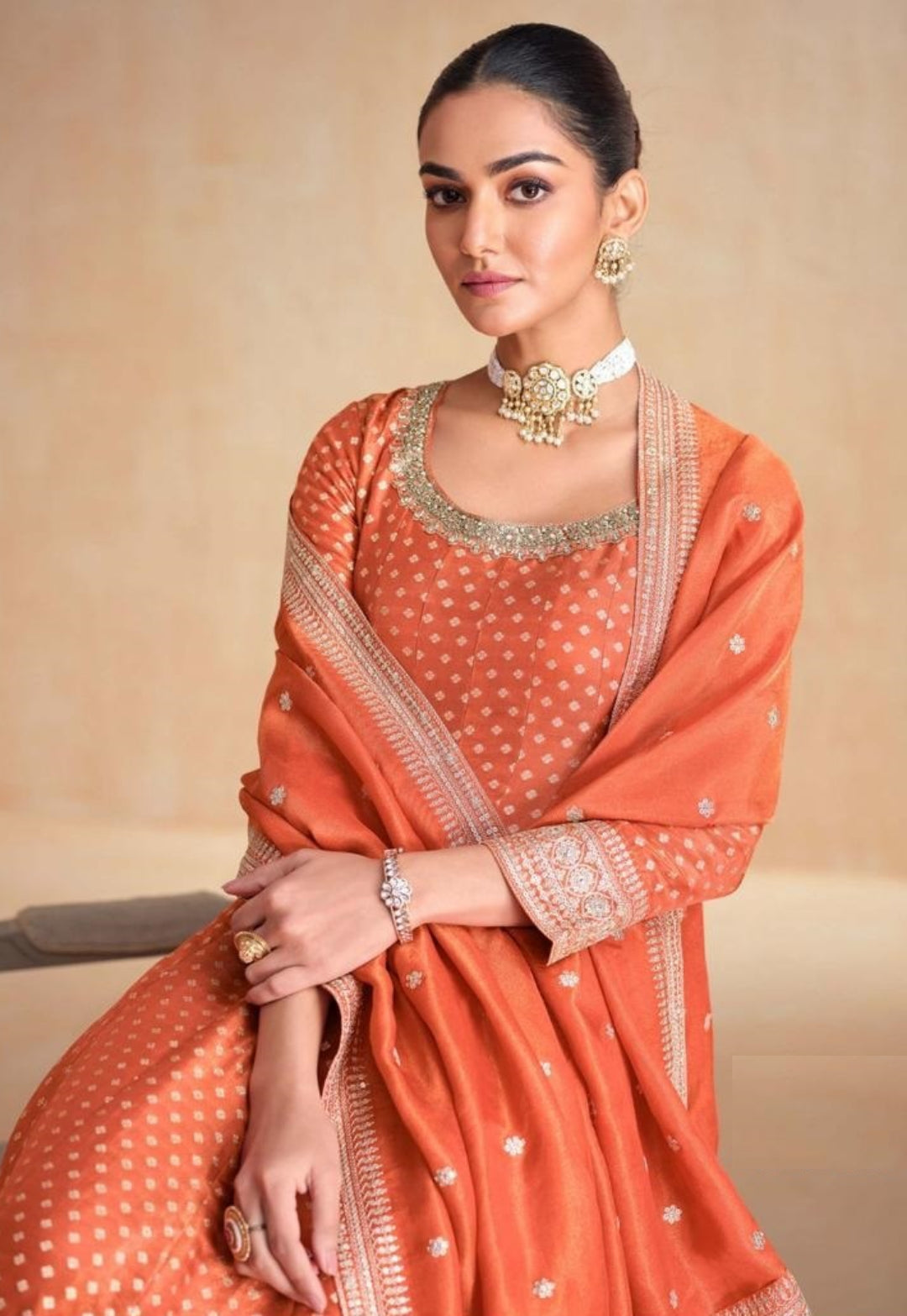 Contemporary Rust Organza Jacquard Silk Gown With Dupatta