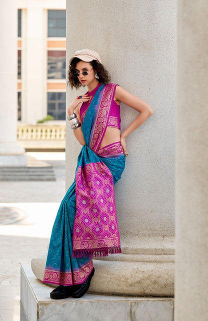Women Teal And Purple Soft Silk With Ikkat Bandhani Saree
