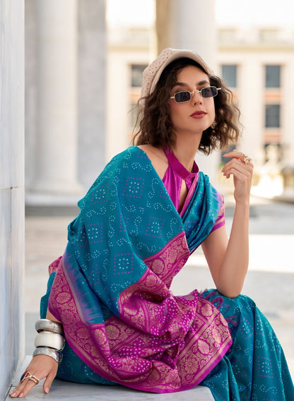 Women Teal And Purple Soft Silk With Ikkat Bandhani Saree