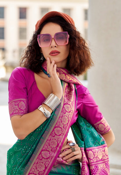 Women Green And Purple Soft Silk With Ikkat Bandhani Saree