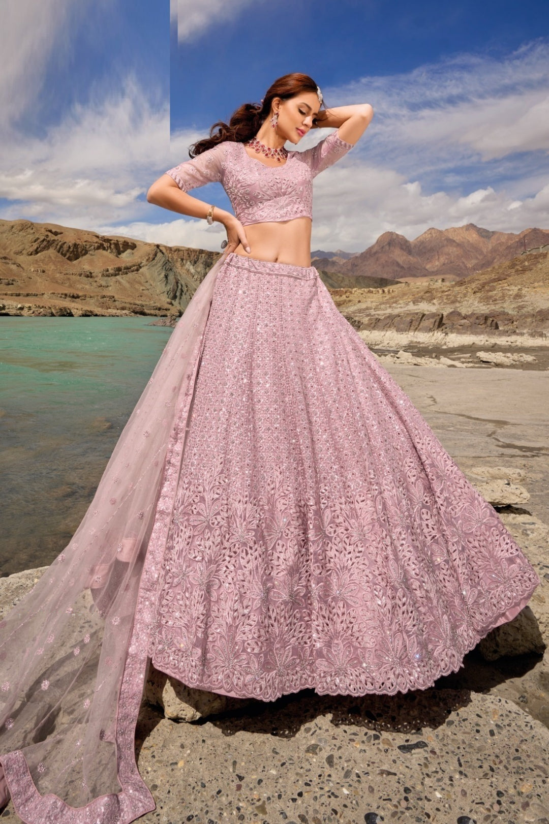 Luxurious Mauve Pure Organza Bridal Lehenga