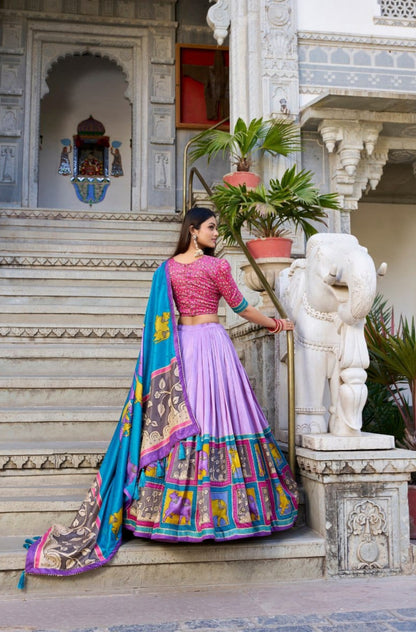 Women Lilac Multi Tussar Silk Floral Print Lehenga