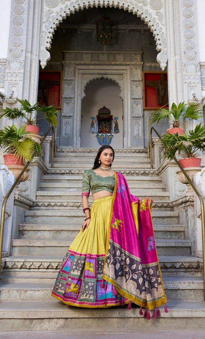 Women Mustard Multi Tussar Silk Floral Print Lehenga