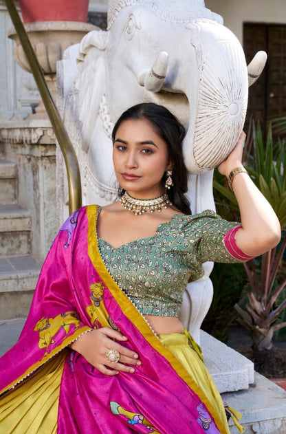 Women Mustard Multi Tussar Silk Floral Print Lehenga