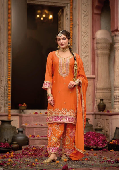 Enchanting Orange Chinon Pant-Bottom Suit Set
