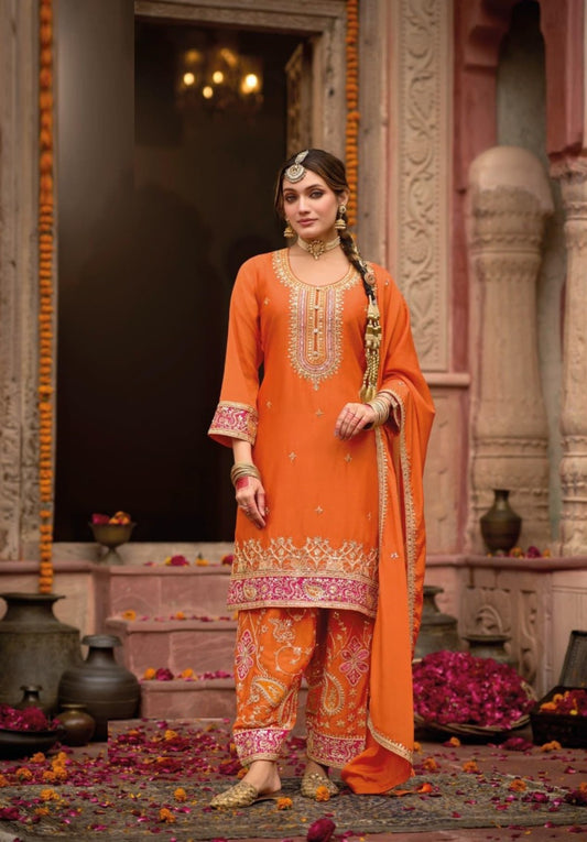 Enchanting Orange Chinon Pant-Bottom Suit Set