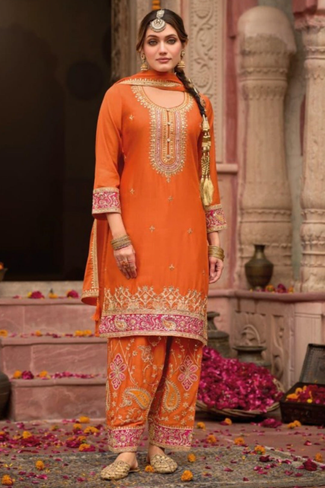 Enchanting Orange Chinon Pant-Bottom Suit Set