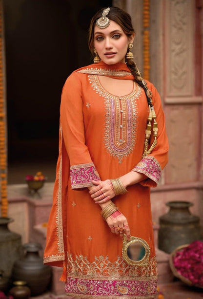 Enchanting Orange Chinon Pant-Bottom Suit Set