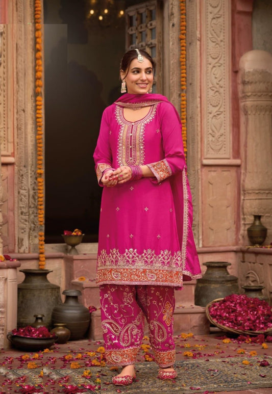 Effortless Pink Chinon Pant-Bottom Suit Set