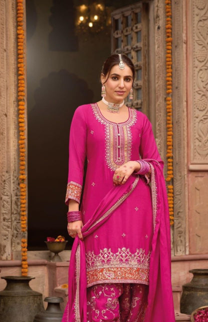 Effortless Pink Chinon Pant-Bottom Suit Set