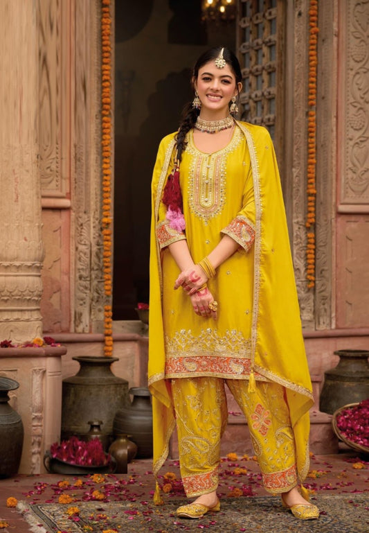 Flattering Yellow Chinon Pant-Bottom Suit Set