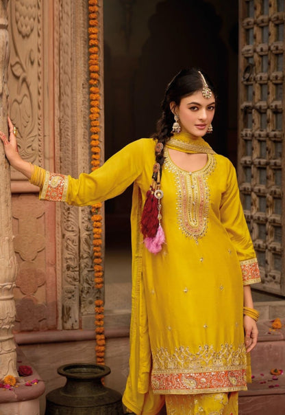 Flattering Yellow Chinon Pant-Bottom Suit Set