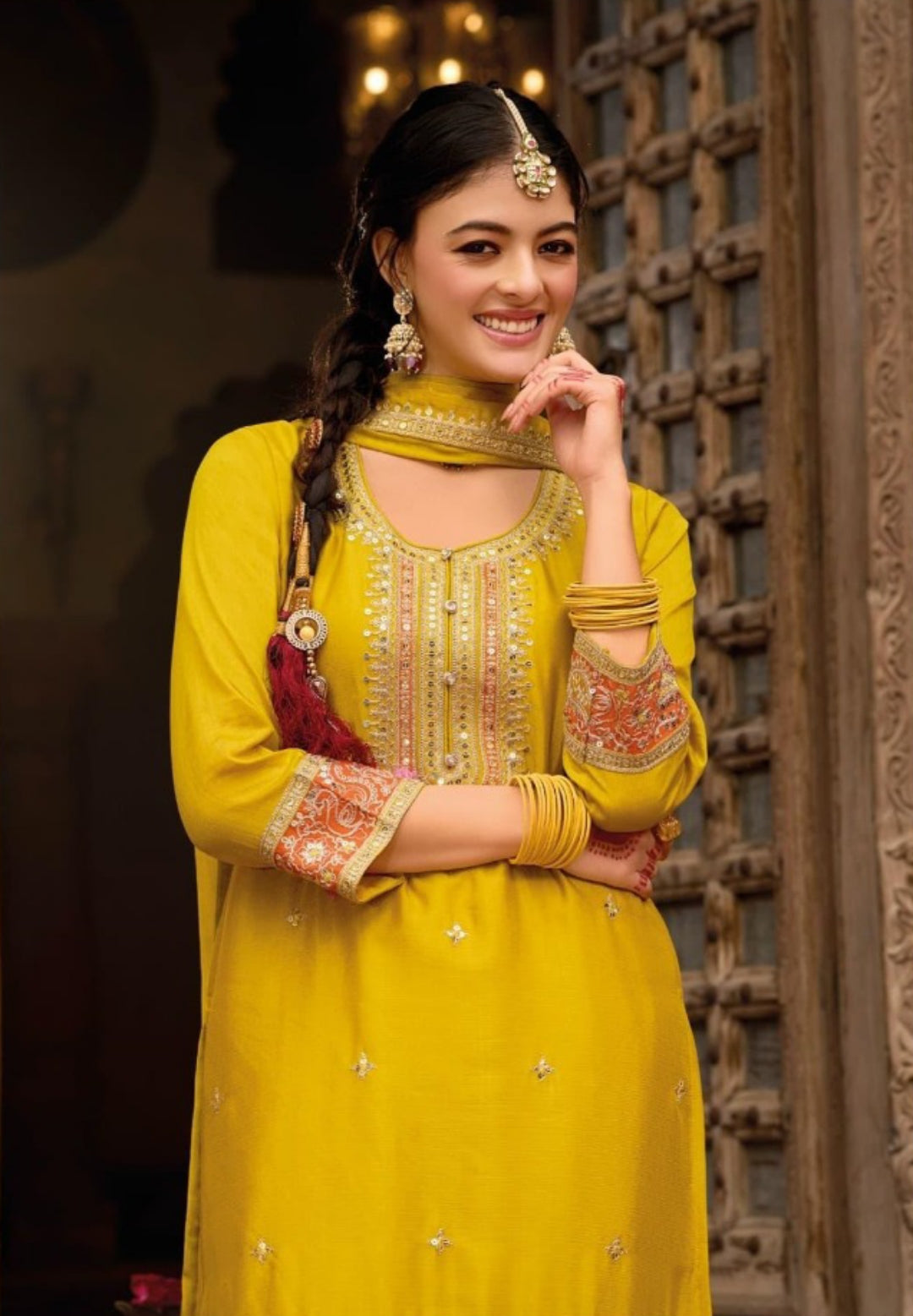 Flattering Yellow Chinon Pant-Bottom Suit Set