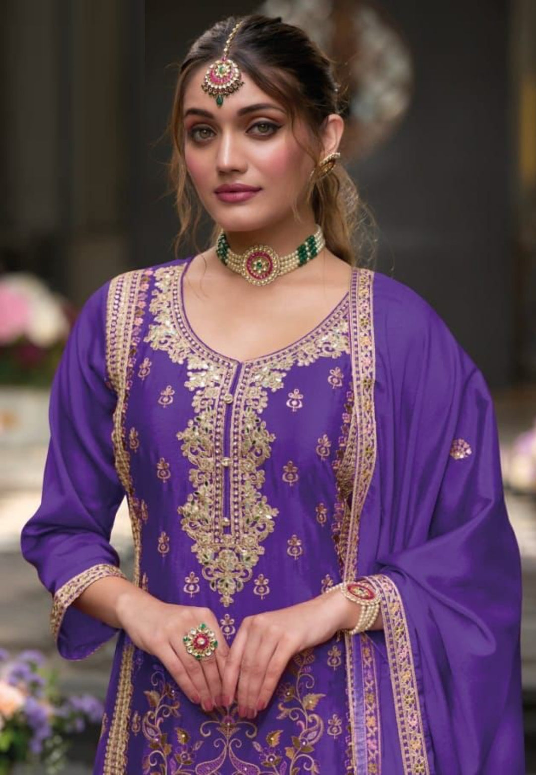Sumptuous Purple Chinon With Embroidery Work Pakistani Suit Set