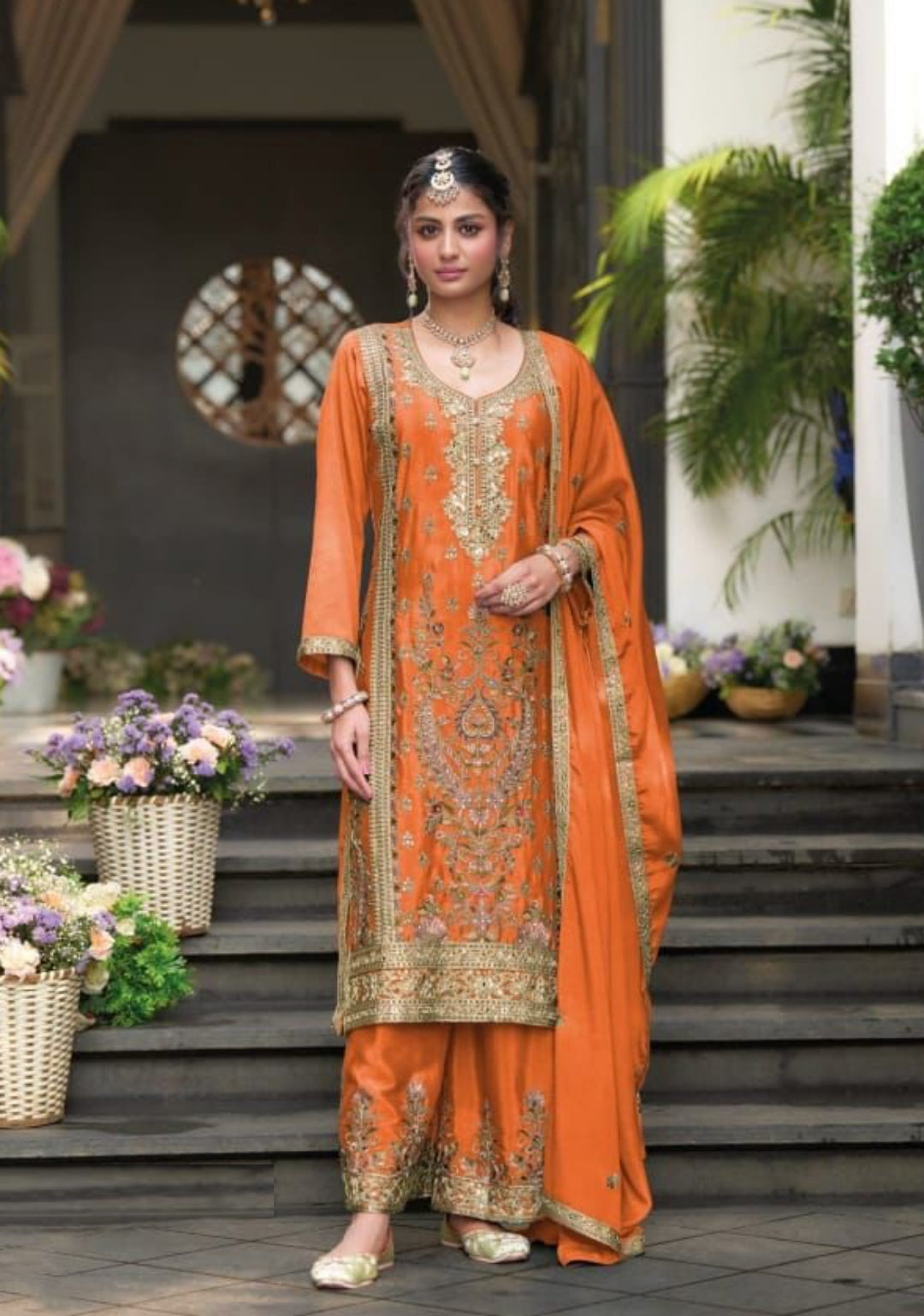 Statement-Making Orange Chinon With Embroidery Work Pakistani Suit Set