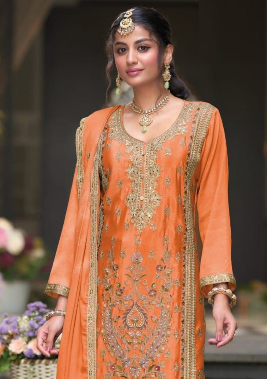 Statement-Making Orange Chinon With Embroidery Work Pakistani Suit Set