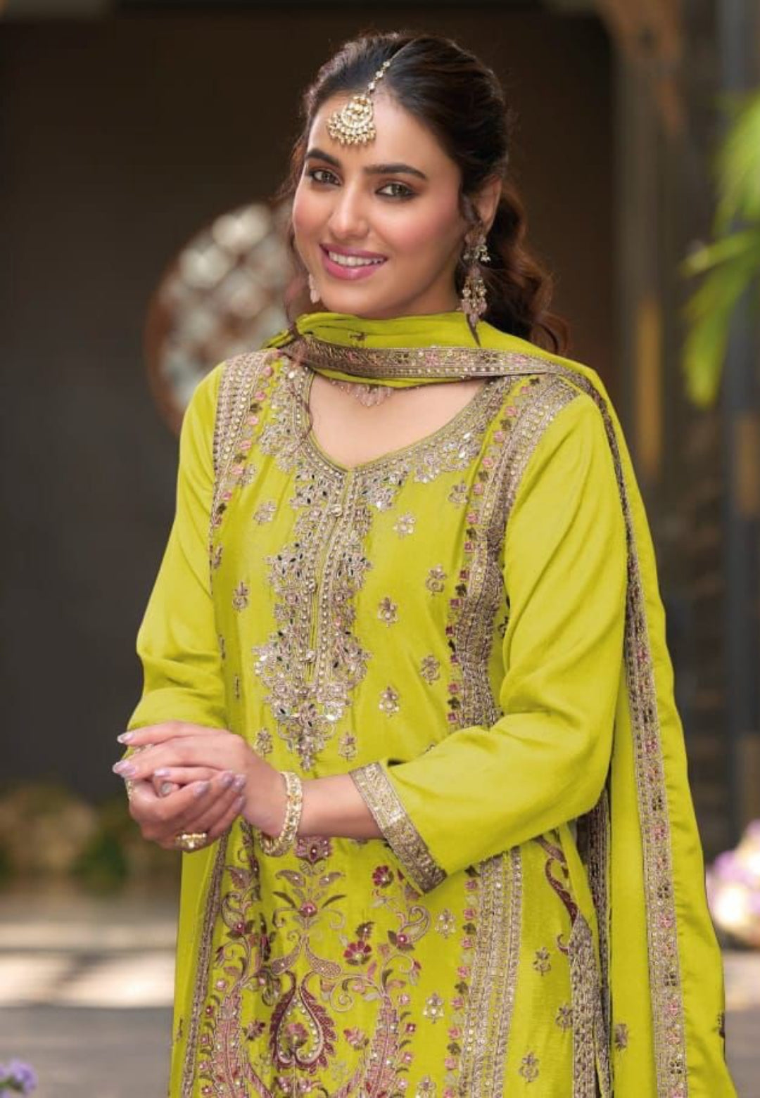 Couture Lemon Green Chinon With Embroidery Work Pakistani Suit Set