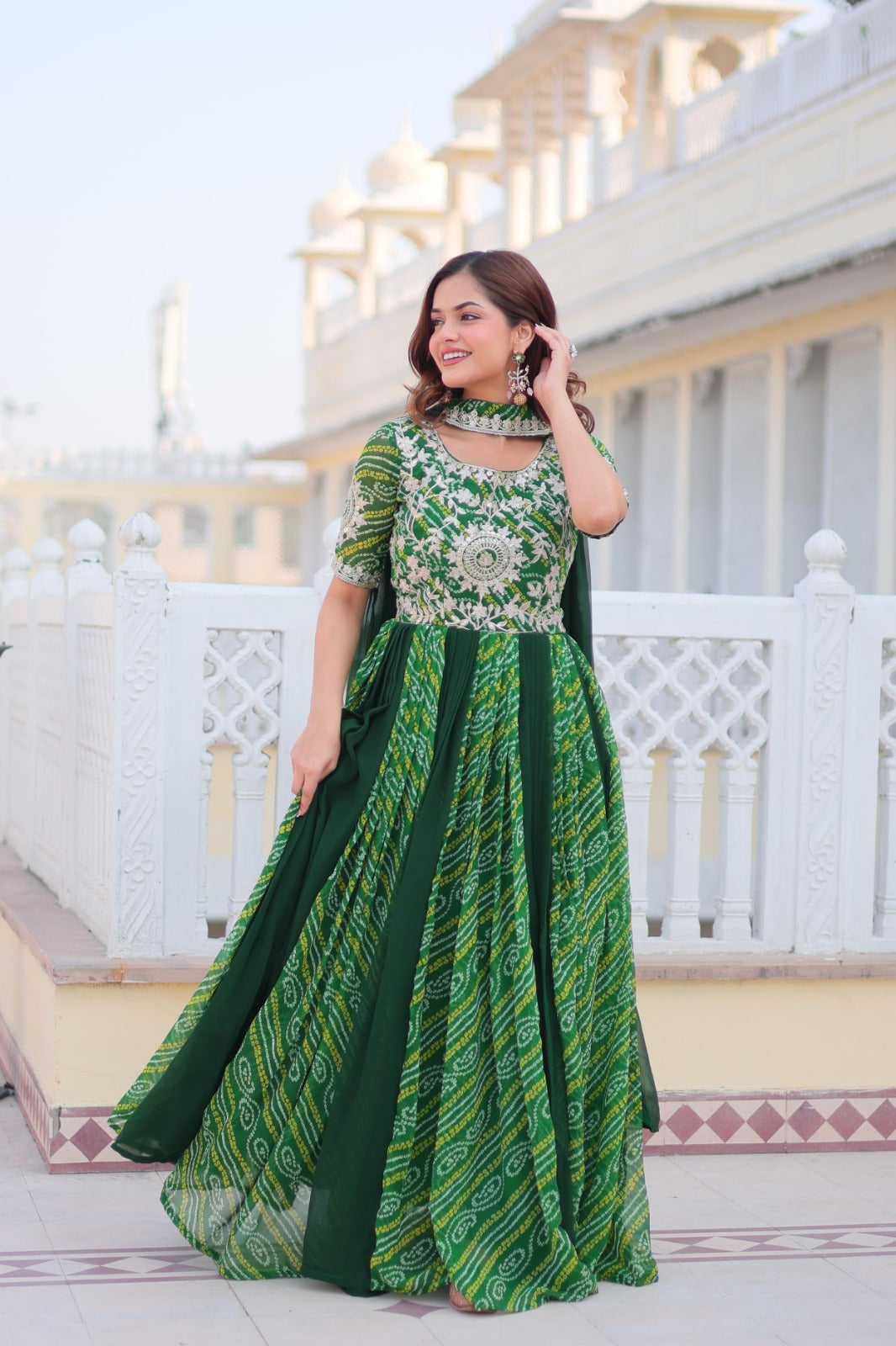Women Green Georgette Bandhej Print With Embroidery Work Gown With Dupatta
