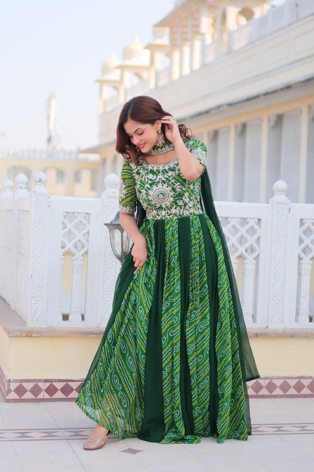 Women Green Georgette Bandhej Print With Embroidery Work Gown With Dupatta