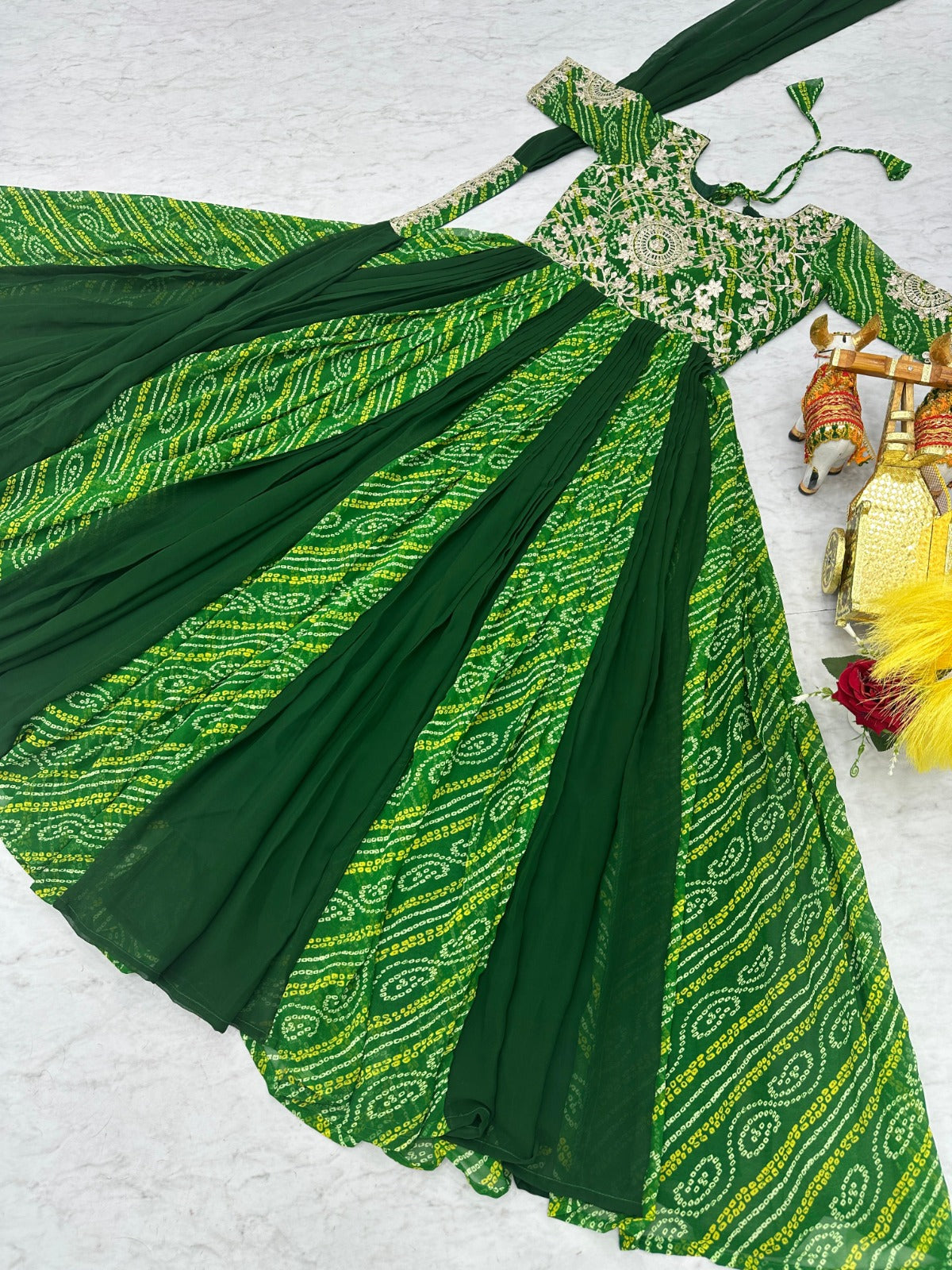 Women Green Georgette Bandhej Print With Embroidery Work Gown With Dupatta