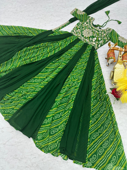 Women Green Georgette Bandhej Print With Embroidery Work Gown With Dupatta