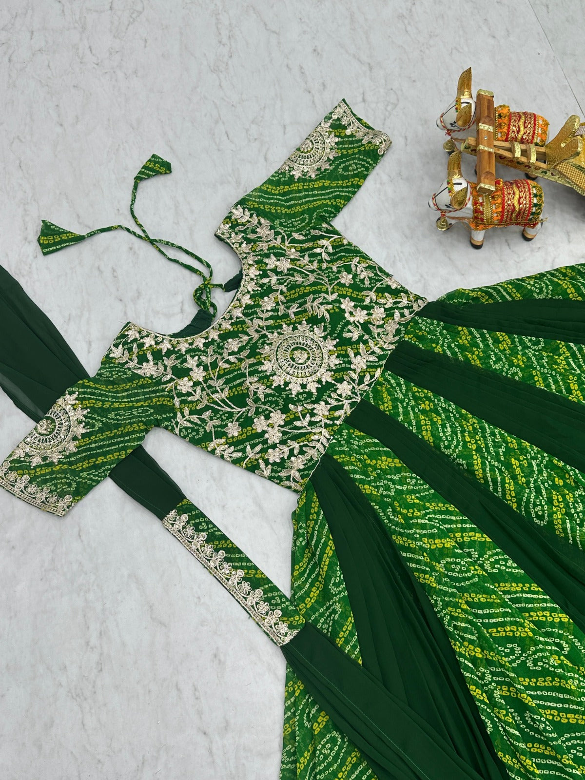 Women Green Georgette Bandhej Print With Embroidery Work Gown With Dupatta