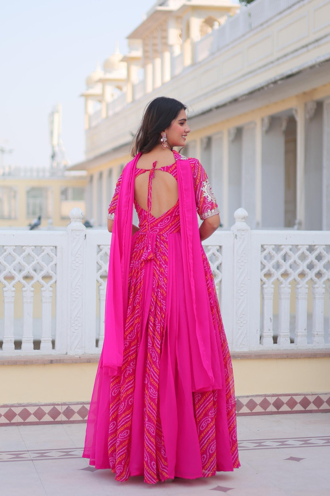 Women Pink Georgette Bandhej Print With Embroidery Work Gown With Dupatta