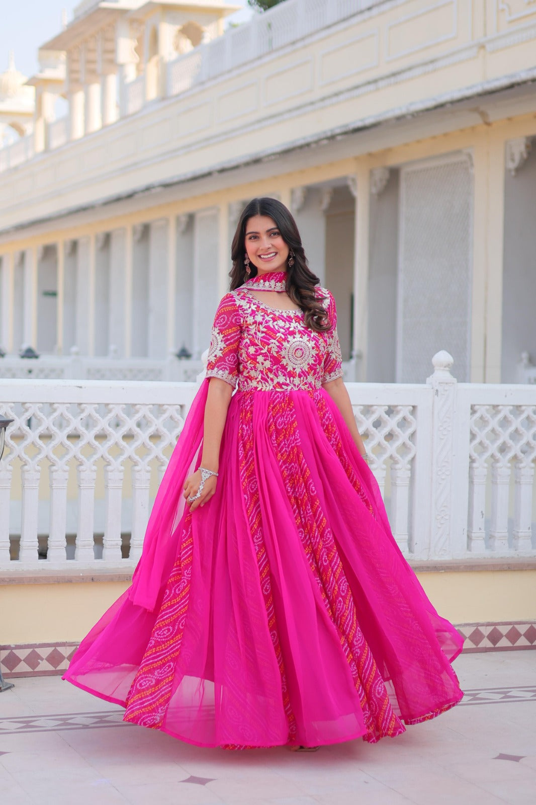 Women Pink Georgette Bandhej Print With Embroidery Work Gown With Dupatta