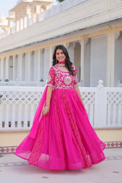Women Pink Georgette Bandhej Print With Embroidery Work Gown With Dupatta