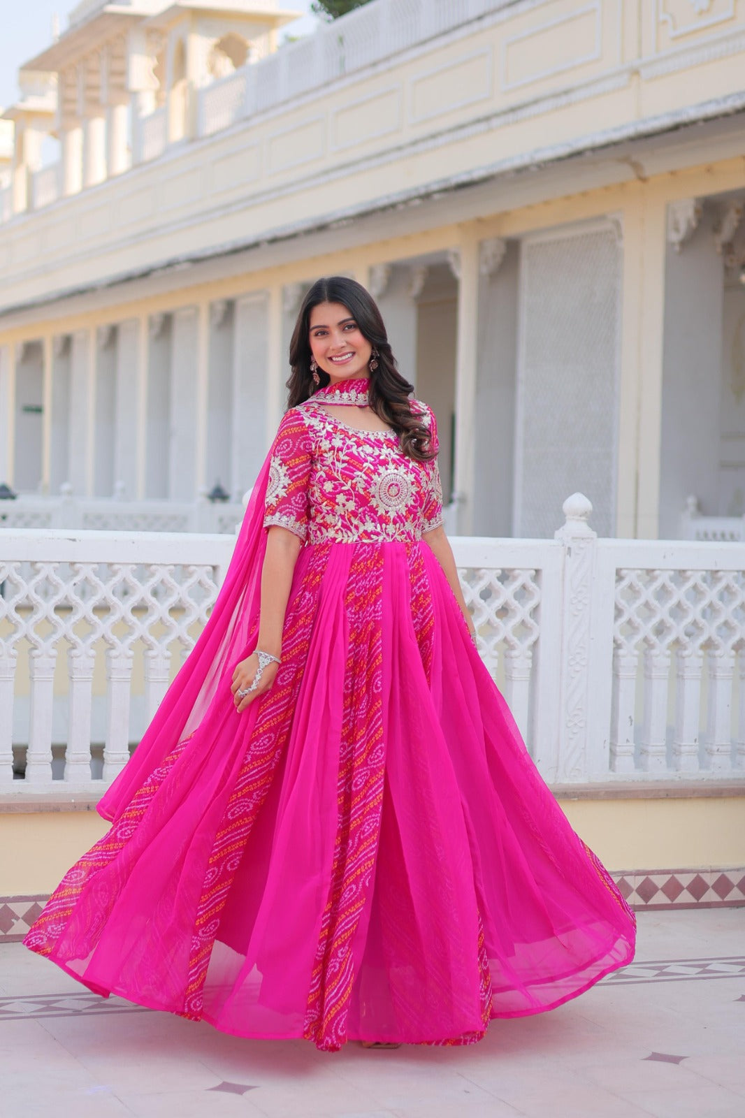 Women Pink Georgette Bandhej Print With Embroidery Work Gown With Dupatta