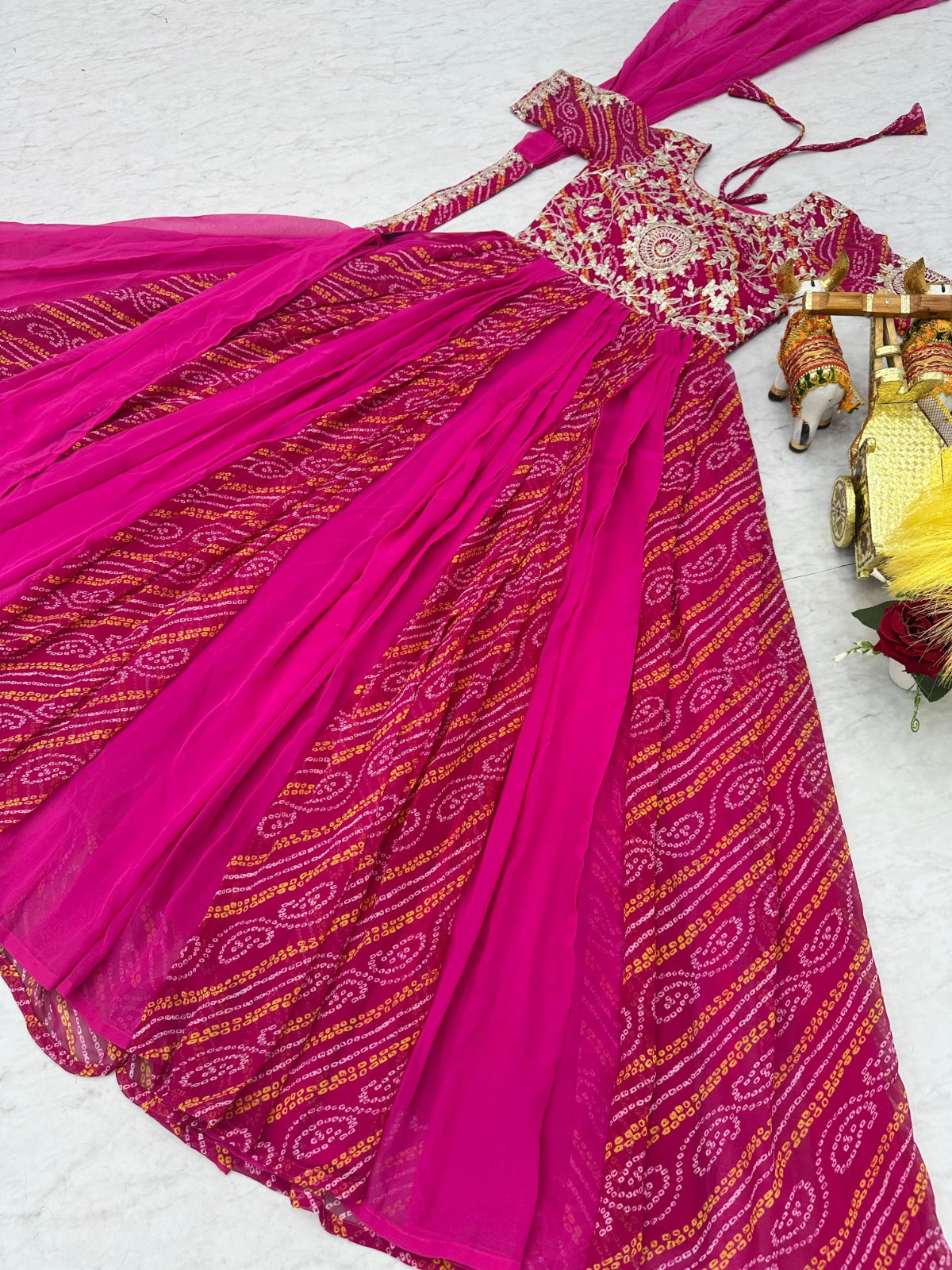 Women Pink Georgette Bandhej Print With Embroidery Work Gown With Dupatta
